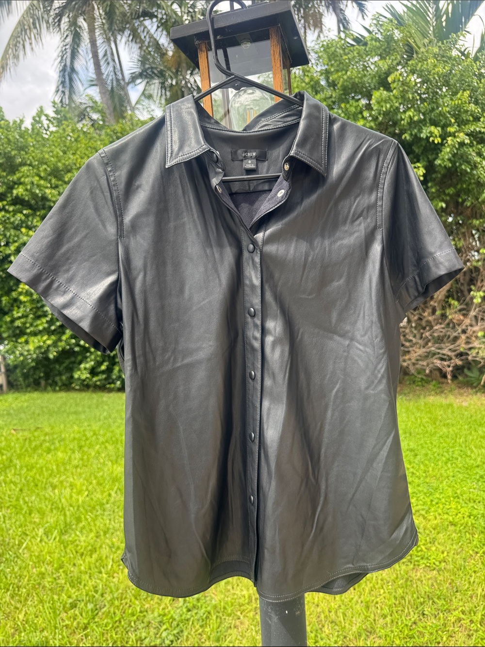 J. Crew Black Short-Sleeve Faux Leather Button-Down Shirt BL347 size 8